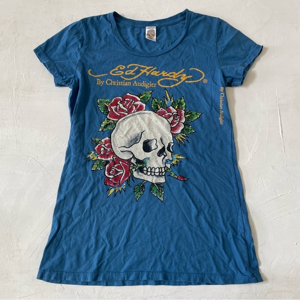 Ed Hardy Skull Rose Blue Tee Rhinestone by Christian Audigier Size M